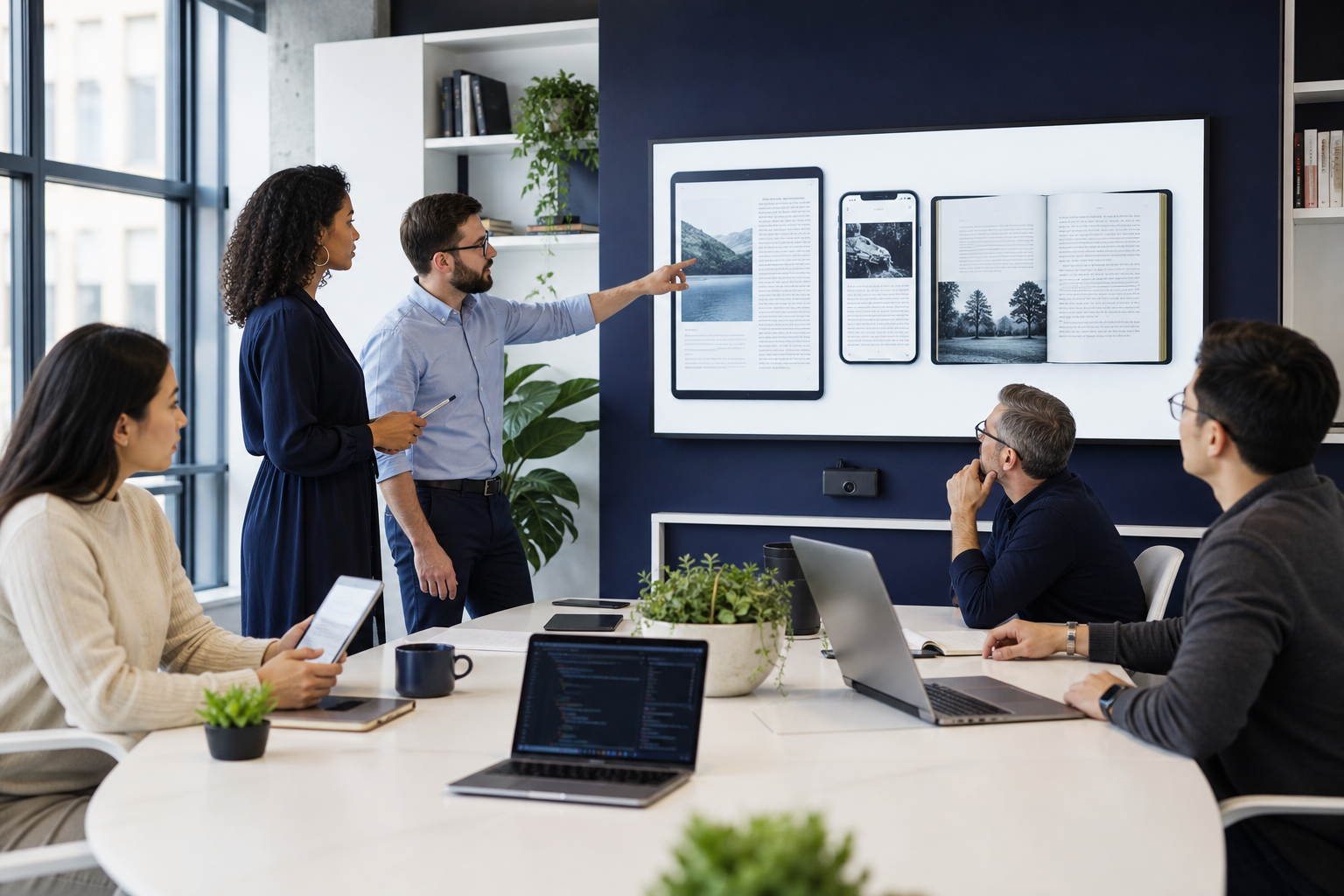 Publishing and technology leaders reviewing digital strategy