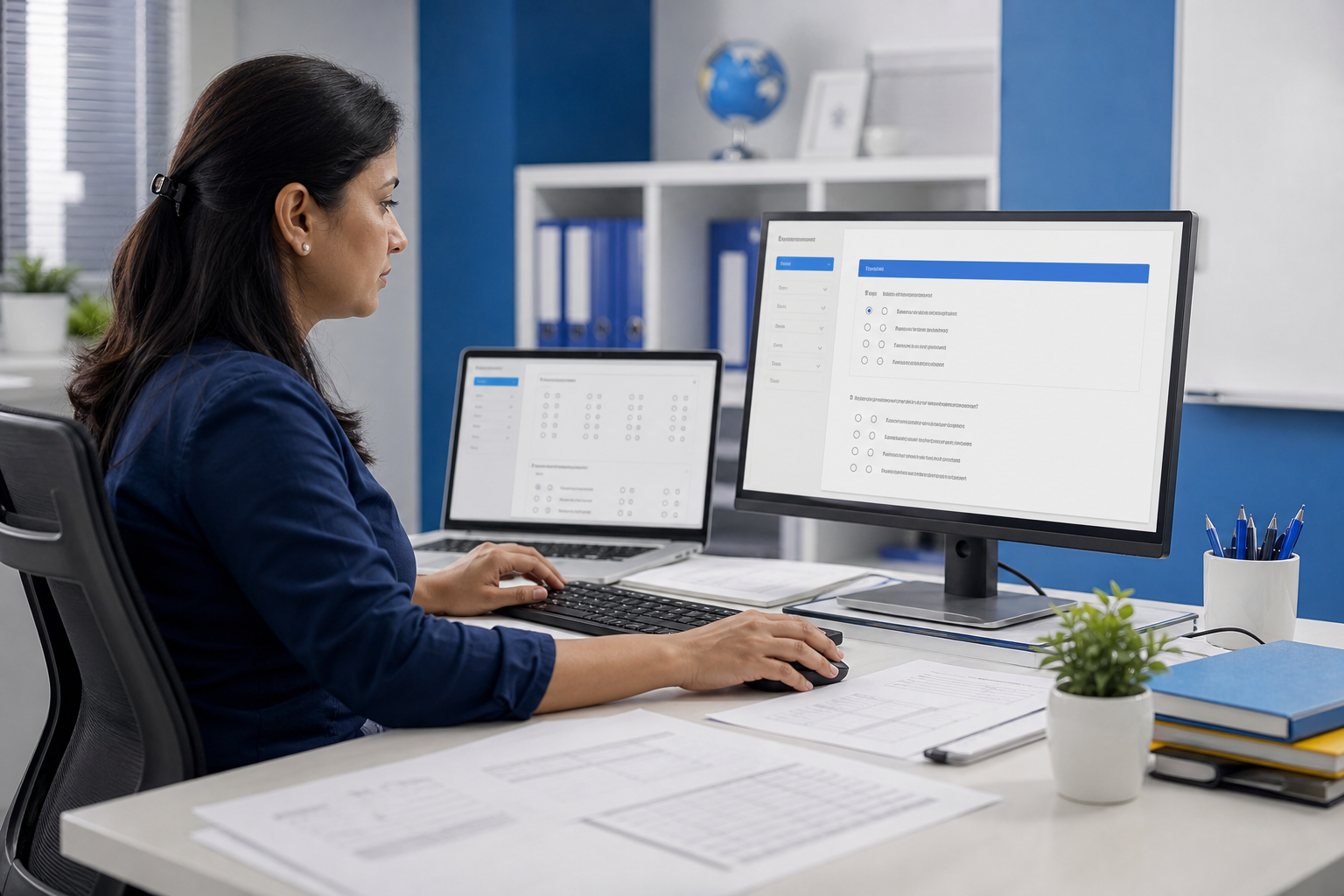 Educator creating digital assessments and practice tests on a computer