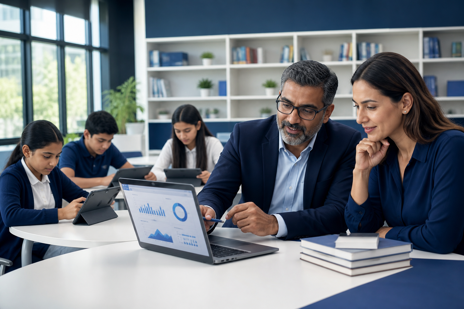 Educators reviewing digital learning analytics while students study with tablets