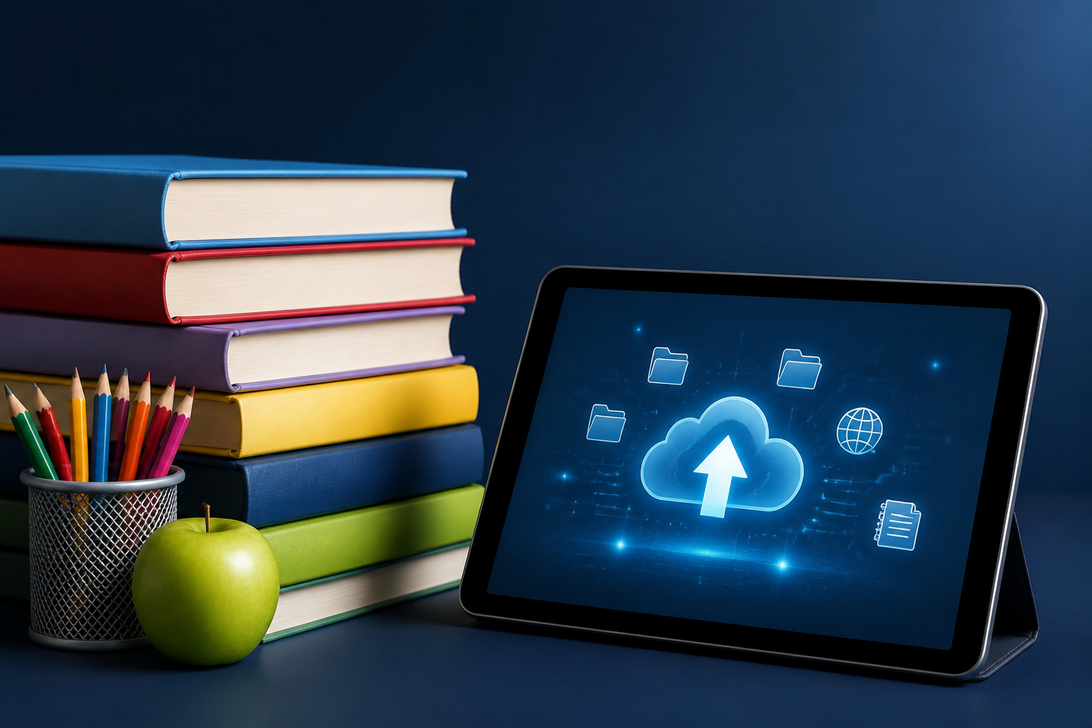 Stack of educational books beside a tablet showing digital learning cloud upload