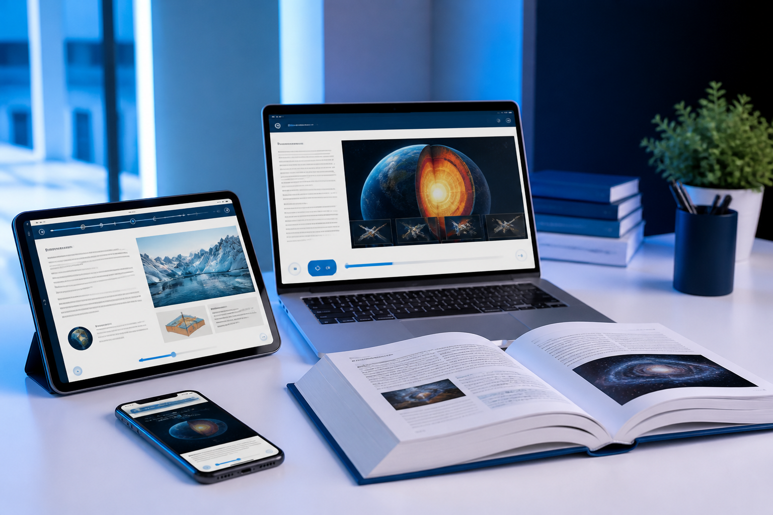 Interactive educational ebooks displayed on laptop, tablet, and smartphone beside an open textbook